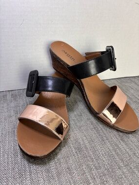Dominique Black and Rose Gold Wedge Slide Sandals